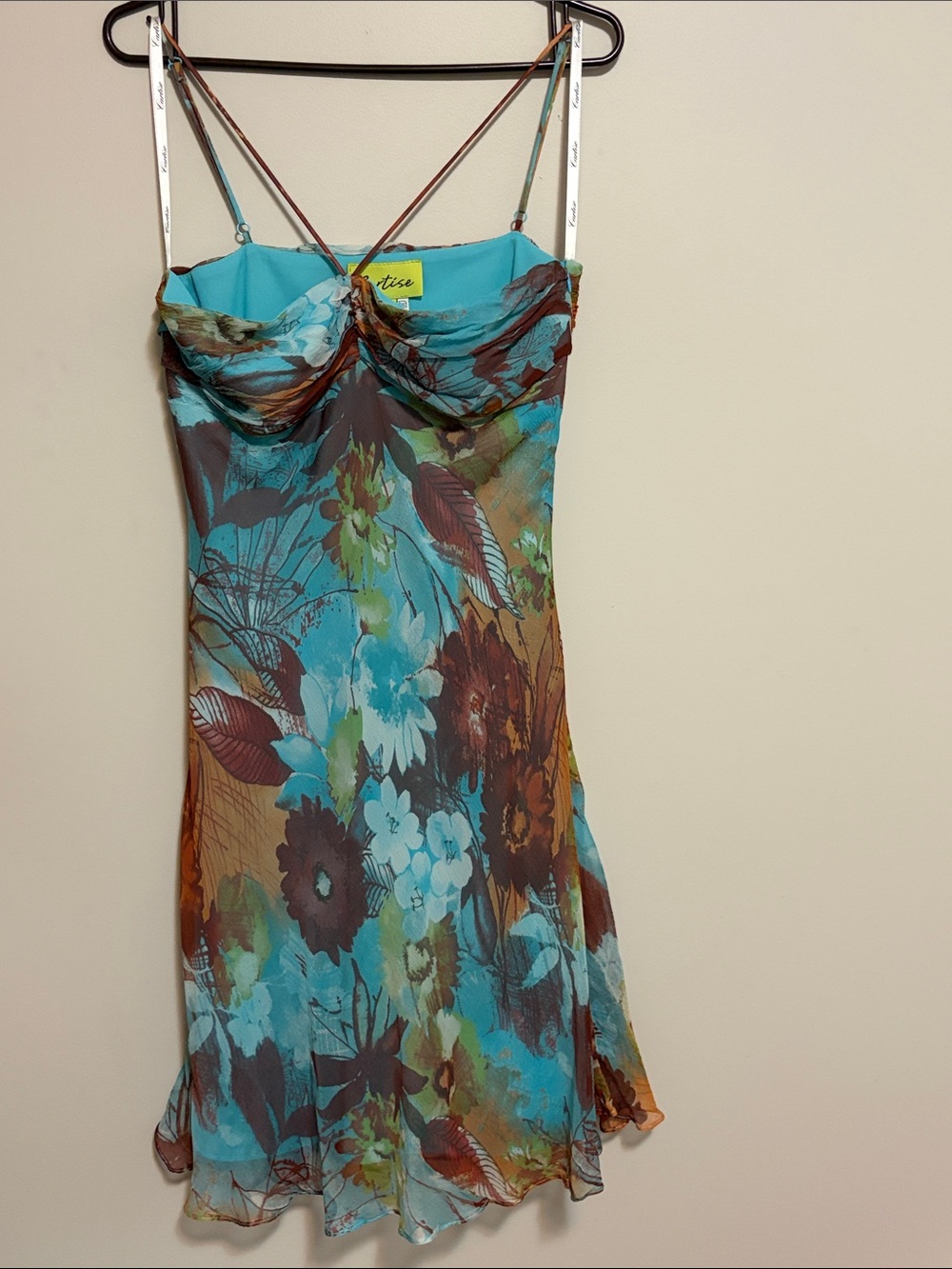 Blue Floral Silk Dress with Brown Accents